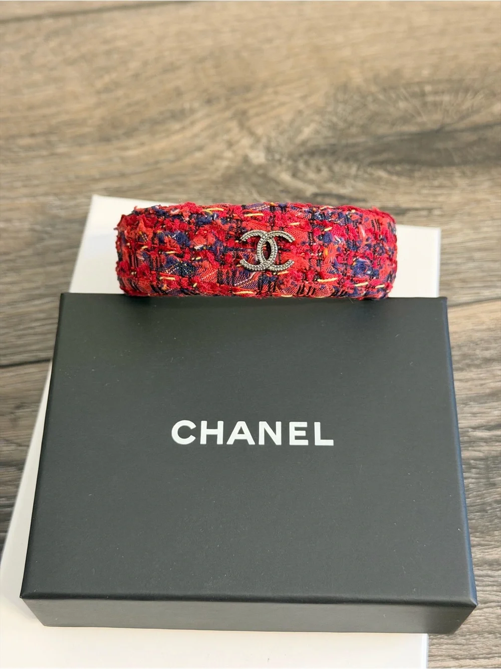 CHANEL Red Tweed CC Logo Bangle Bracelet